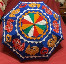 Vintage Child  s Parasol Umbrella Applique Birds Cloth Fabric Wood Handle