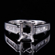 925 Silver Gold Plated 4mm Round Semi Mount Ring Art Deco Baguette Halo Ring