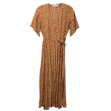 Faithfull The Brand Tan Leila Floral Wrap Midi Dress Short Sleeve Size S Small
