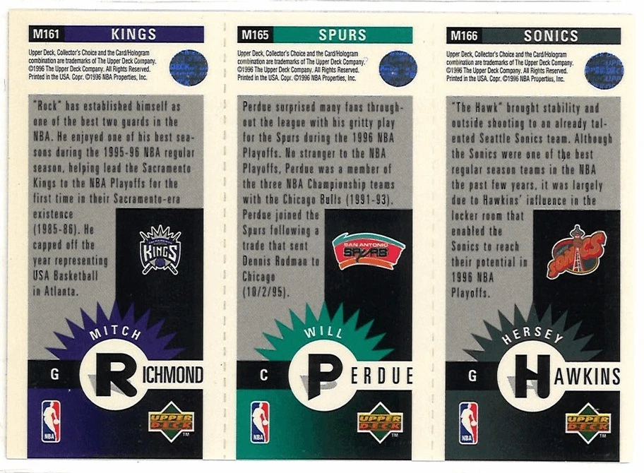 1996-97 Collector's Choice Mini Mitch Richmond, Hersey Hawkins, Perdue (k332) - Image 2 of 2