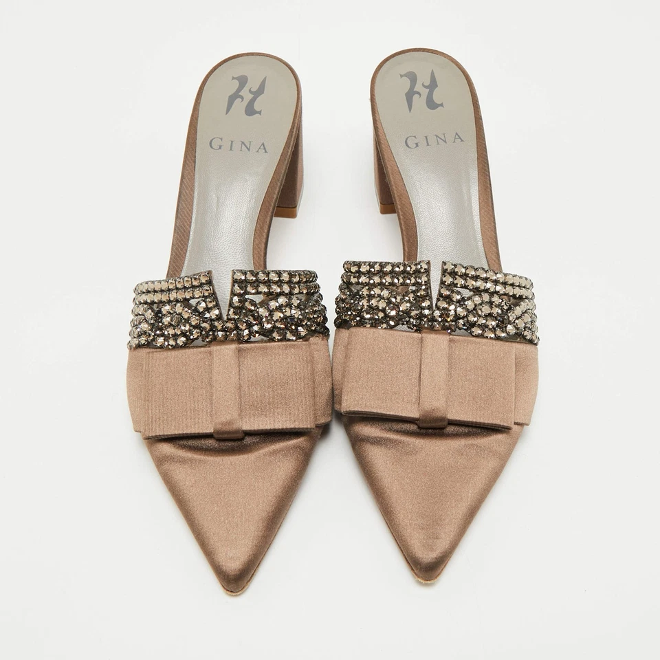 Gina Brown Satin Crystal Embellished Chachki Block Heel Mules Size 38 - Image 3 of 4