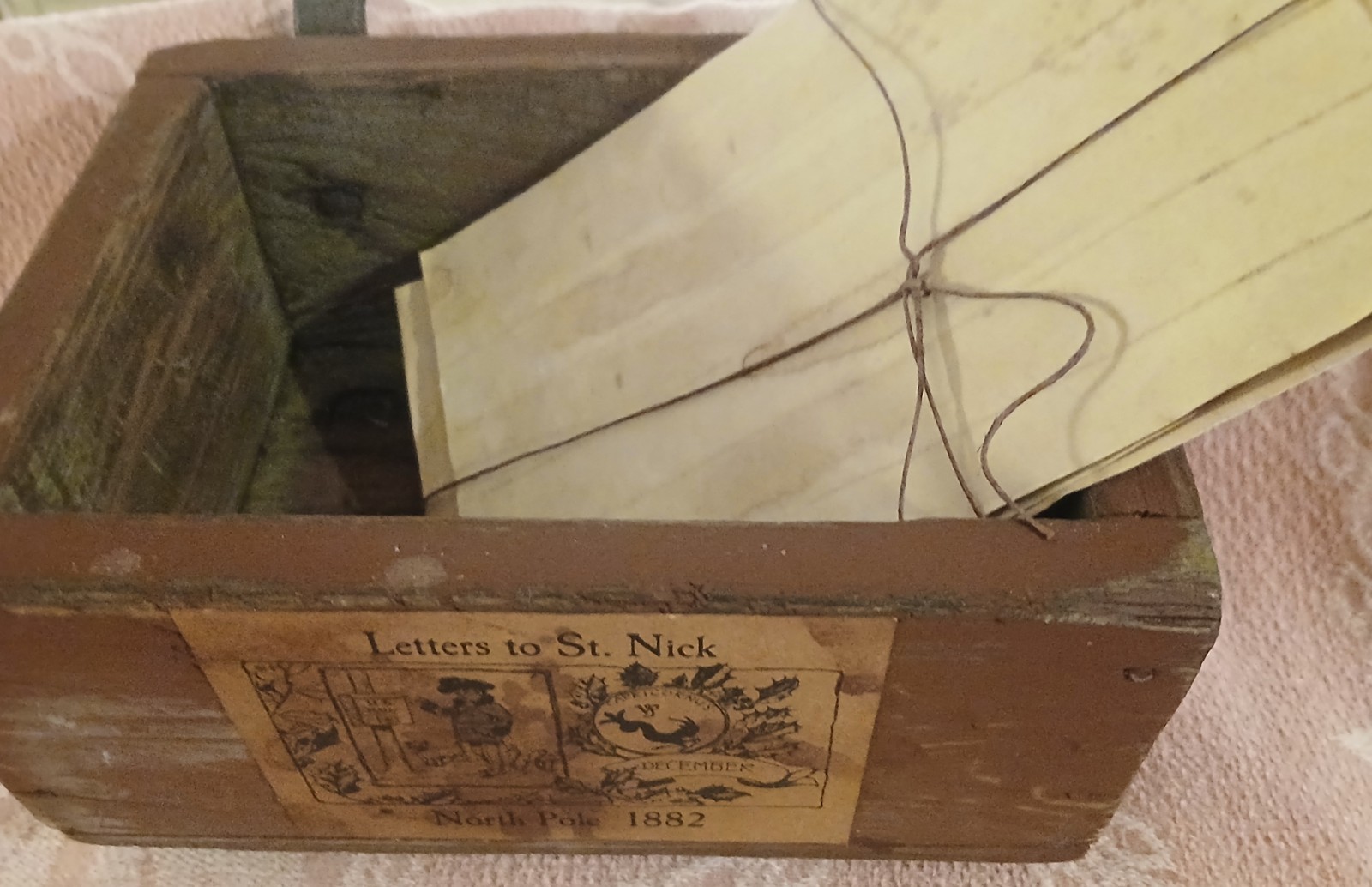 Prim Letters To St Nick Wood Box W/Faux Letters, Santa's Glasses Christmas 1800s