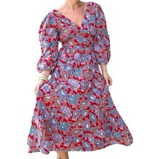 NWT Caroline Constas Frenchie Print Dress Floral Boho Cottagecore Red Blue Sz M