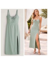 Abercrombie & Fitch Sage Green Corset Lace-Up Midi Dress with Side Slit XS Tall