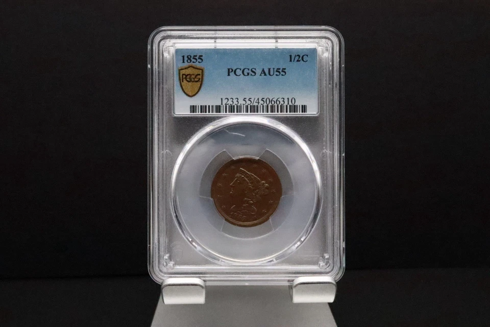 Medio centavo cabello trenzado 1855 1/2 graduación profesional AU55 Foto 2 de 4