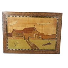 Vintage Wood Inlay Marquetry Picture Wall Hanging Art Farmhouse Landscape Barn