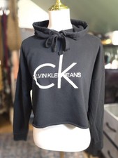 Calvin Klein Jeans Women's Black Cropped Hoodie Oversized CK Logo Size Small