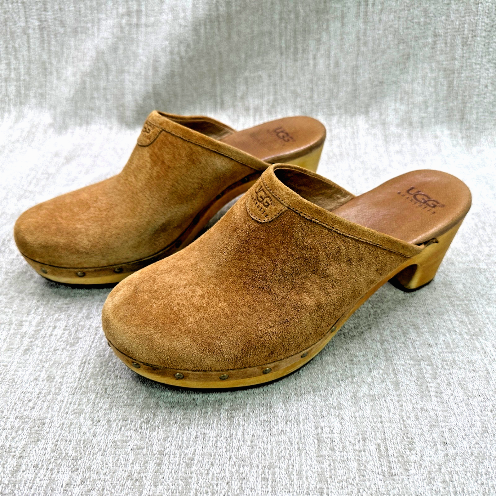 Ugg Australia Women's Abbie Wooden Mule Clog Shoes Tan Suede Leather Heel Size 9