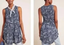 By Anthropologie Riley Smocked Tunic Top Geometric Coastal XS Blue Flowy Chiffon