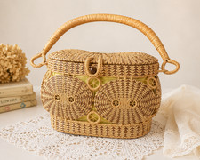 Vintage hand woven Wicker Purse Basket 1960  s Raffia Bag Florida Folk Art Boho