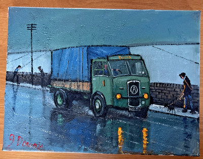 James Downie - Original Ölgemälde auf Leinwand - Atkinson LKW LKW, Dog Walker