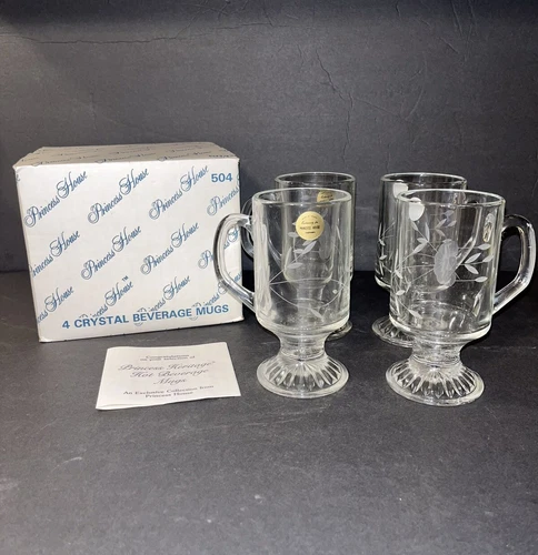Princess House 4 Crystal Heritage Hot Beverage Mugs w/Box #504 Brand NEW