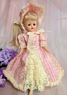 Vintage Doll dress Pink cotton floral Lace Matching hat fit Cissette