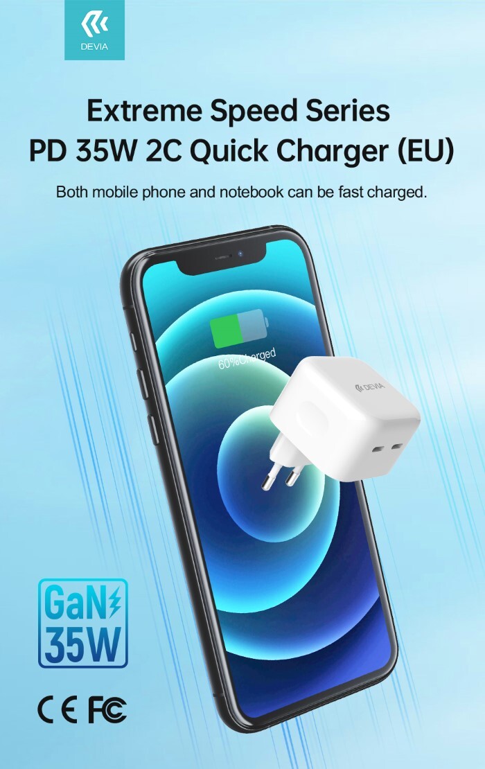 Carica Batterie Alimentatore carica rapida doppia uscita Tipo-C x2 35W Bianc