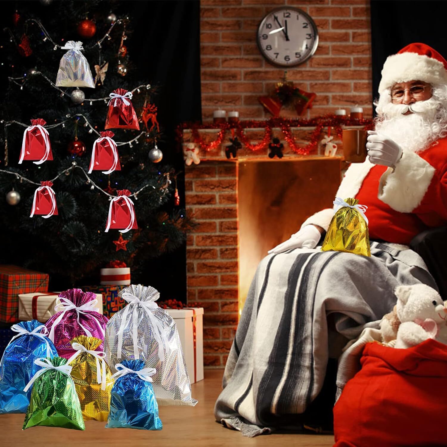 Foil Gift Bags Drawstring for Birthday Party,12 Pcs Solid 6 Color Large