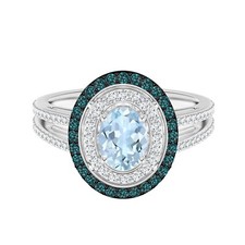 925 Sterling Silver Oval Natural Aquamarine Gemstone Double Halo Cocktail Ring