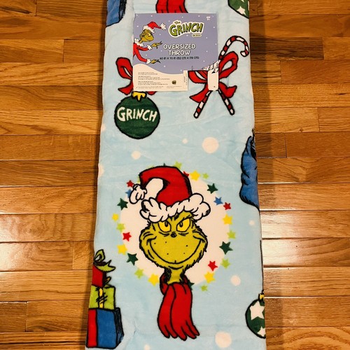 Dr. Seuss The Grinch Throw Blanket 60”x70” Christmas Ornaments Candy Canes Blue