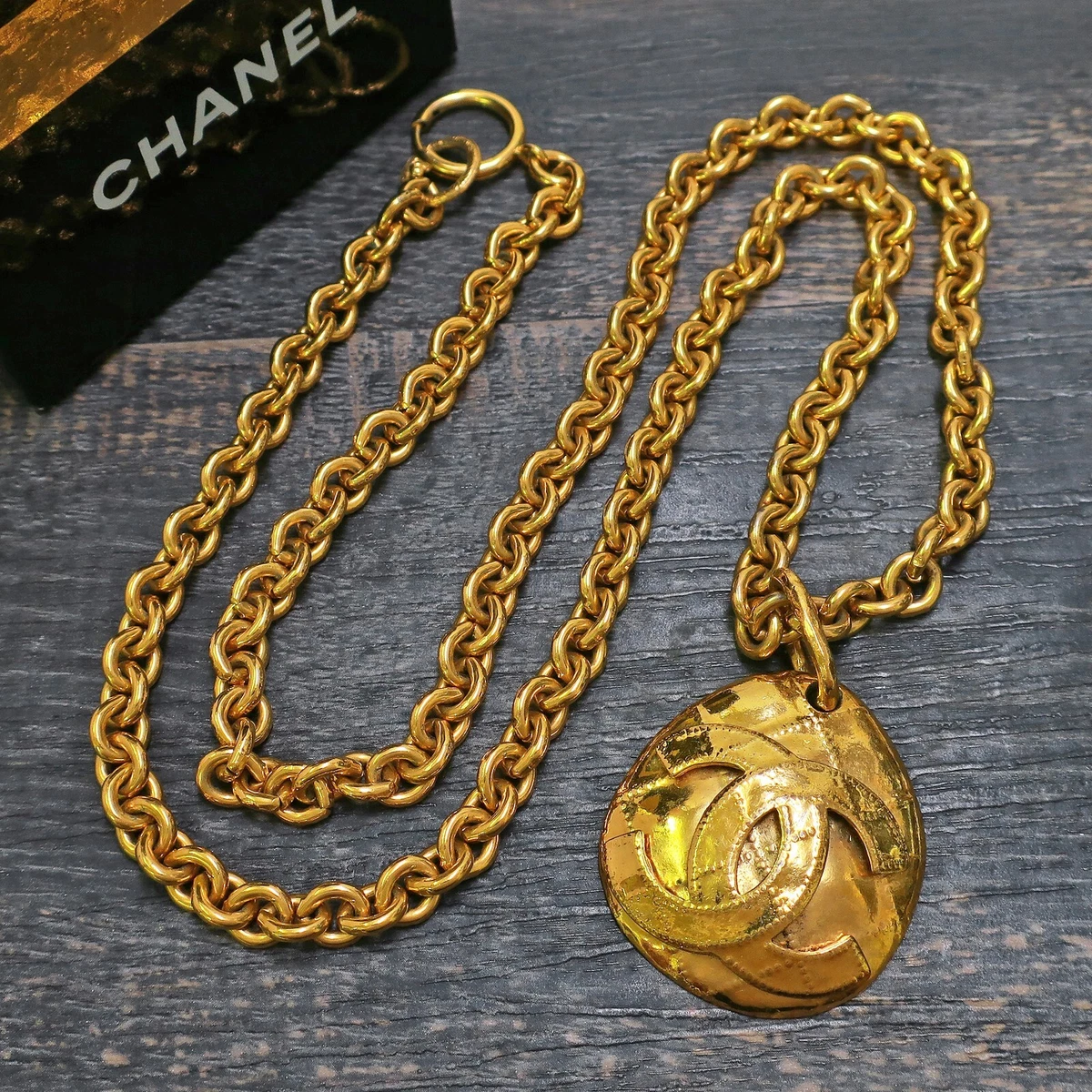 Large Gold filled link necklace with Vintage Chanel Charm