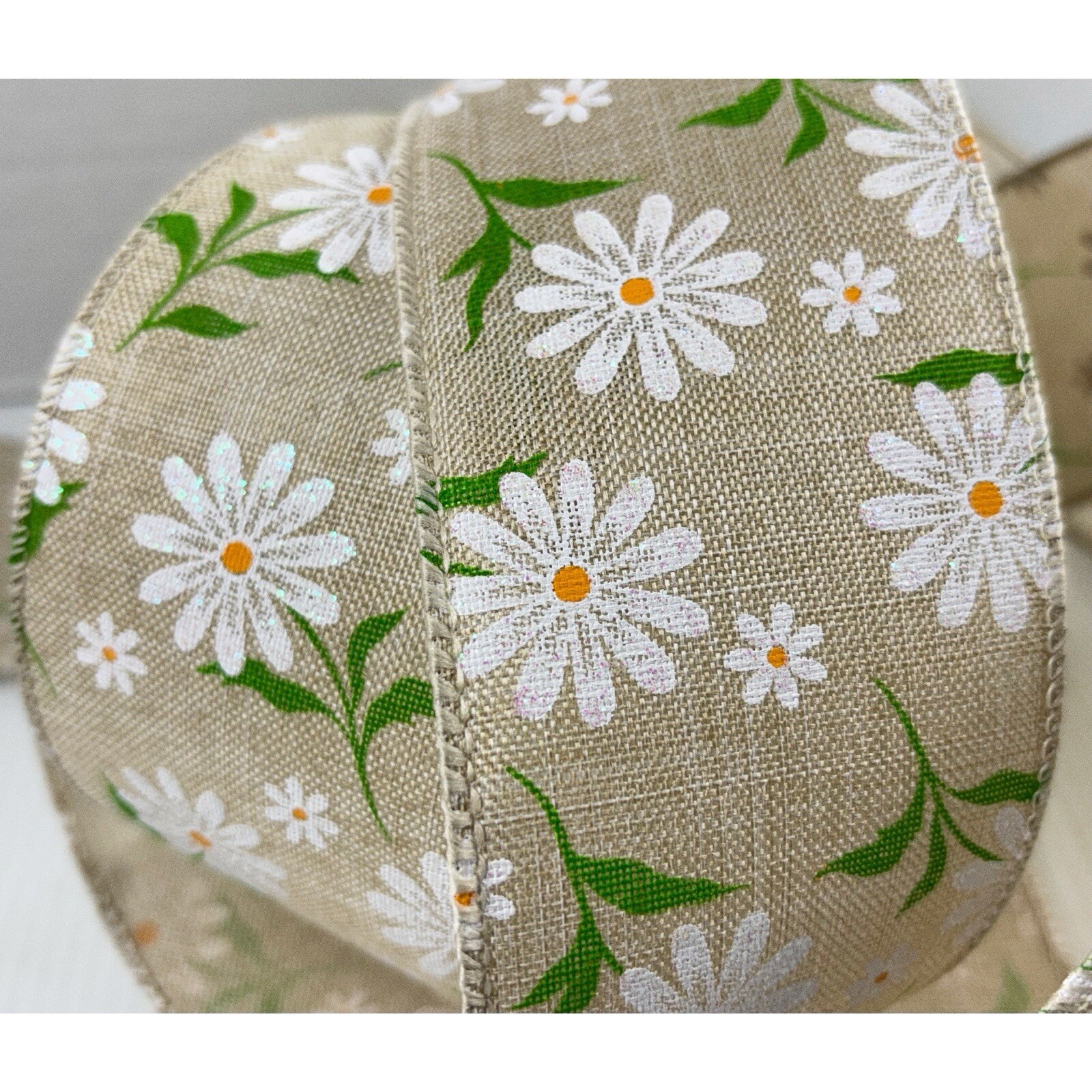 Flower Ribbion Daisy Flower Ribbon Natural Wired 2.5” x 10 Yards Spring Green Leaf New ...