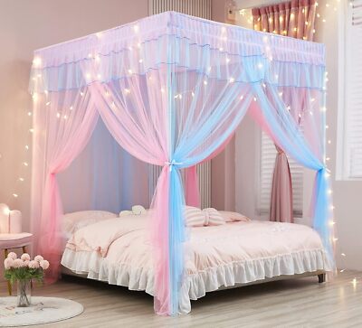 Rainbow Canopy Bed Curtains with Lights - Princess Bed Canopy for Girls