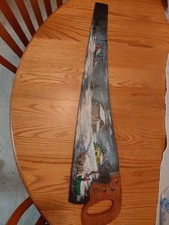 Hand Painted Hand Saw 33 x 7 Very Nice Winter Rural Scene Wood Handle Signed
