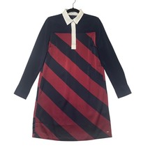 Tommy Hilfiger Womens XS Navy Burgundy Striped Long Sleeve Polo Shift Dress 90s