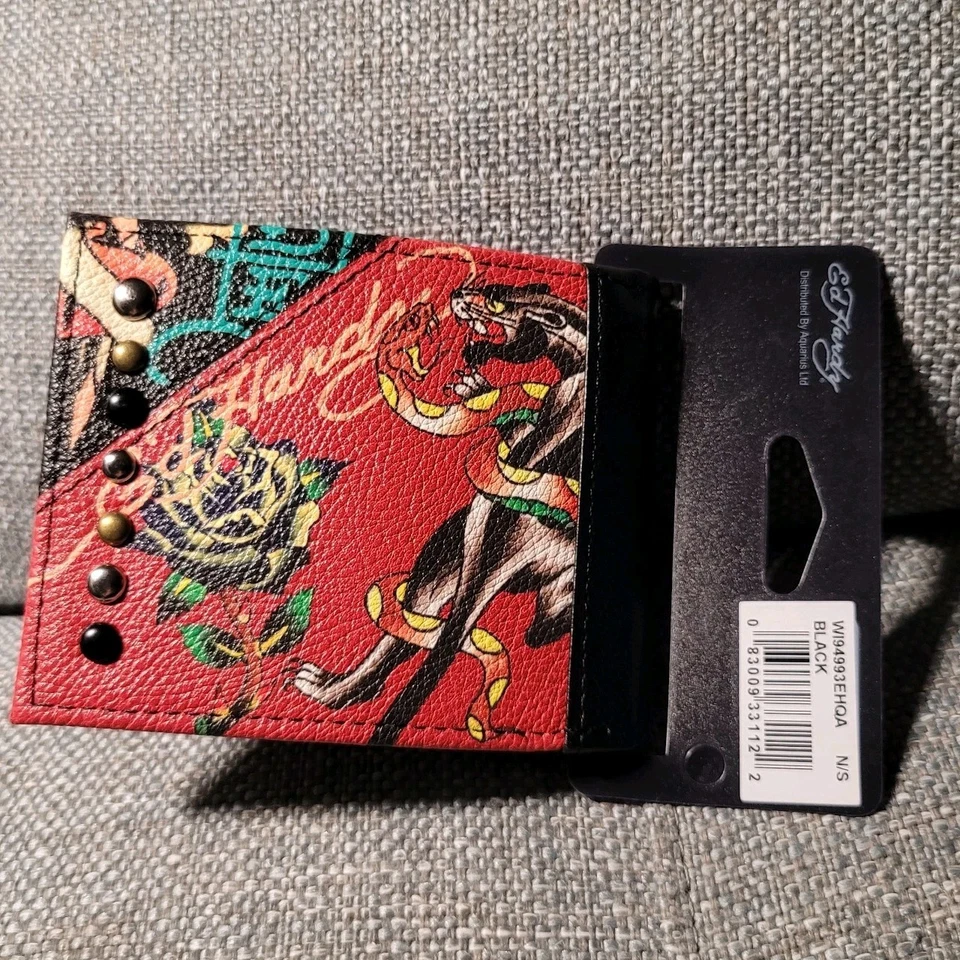 Cartera para hombre Ed Hardy nueva con etiquetas - tachonada - negra pantera vanguardista audaz medias relleno Foto 2 de 3