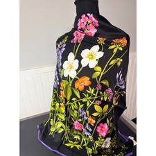 Talbots Silk Square Scarf Black Floral Botanical Bird Print Purple Trim 36x36