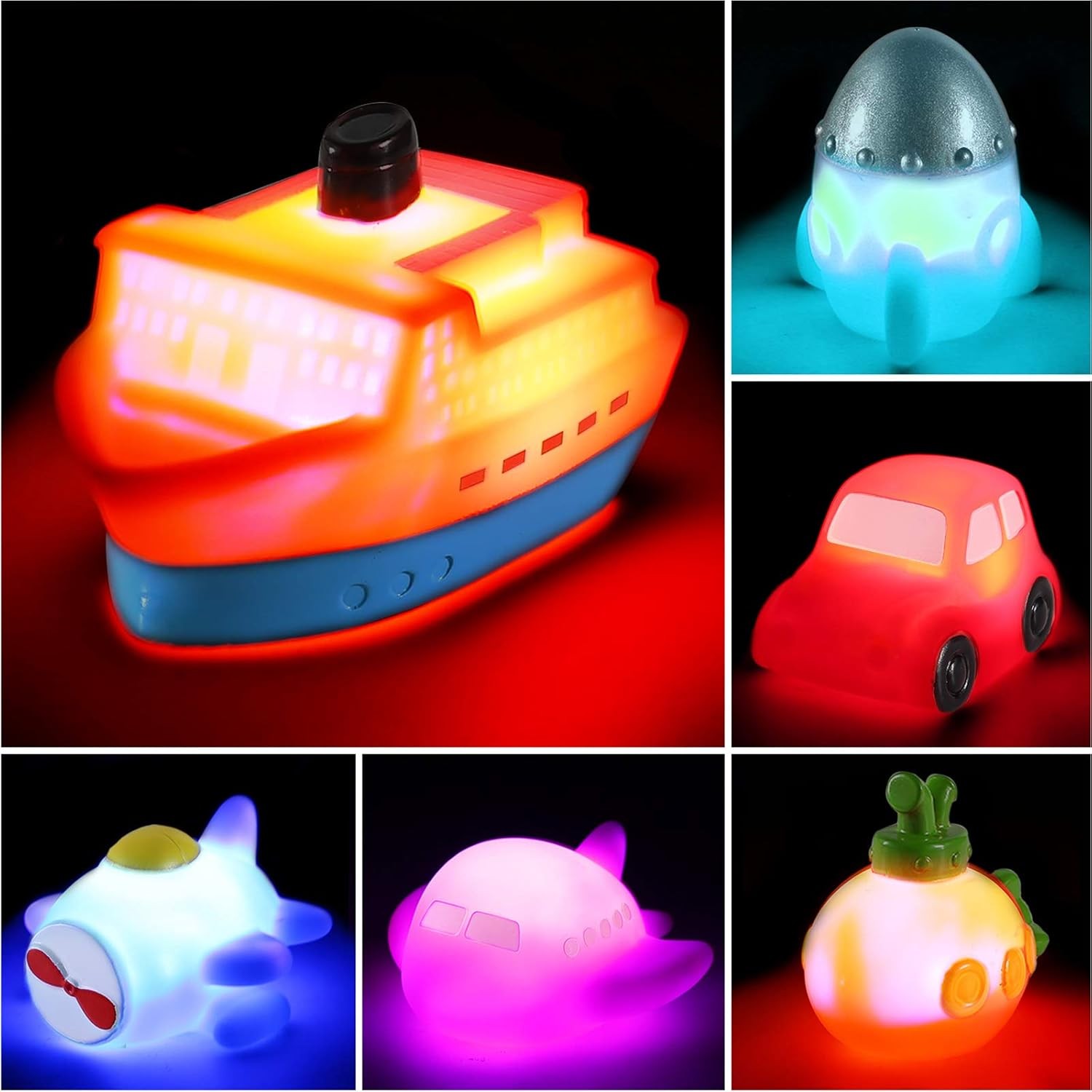 6 Pack Light Up Color Changing Boat Bath Toys No Holes Water Play Set