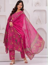 Indian Women BEAUTIFUL Pink Cotton Floral Printed Kurta With Trouser  Dupatta