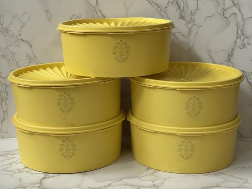 VTG Lot of 5 Tupperware Servalier Canisters Harvest Yellow w Lids 1204 1205 Used