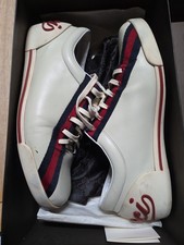Gucci Vintage Web Stripe Sneakers Pelle Avorio Rosso Navy Uomo US 9,5
