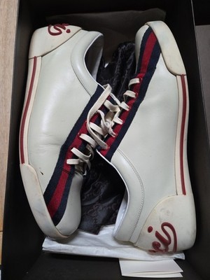 Gucci Vintage Web Stripe Leather Sneakers Ivory Red Navy Men s US 9.5