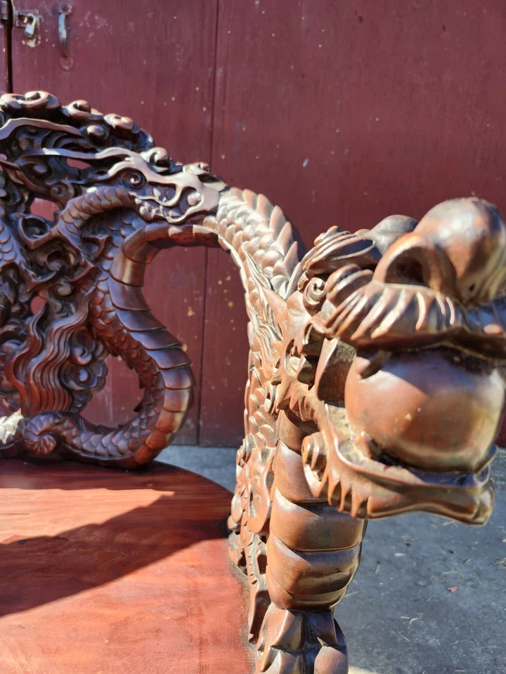 Antiguo asiento japonés de madera cavada dragón trono Foto 2 de 4