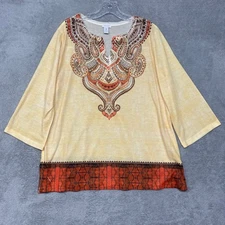 Chicos Top Womens XL Embellished Paisley Print Yellow Orange Pullover Size 3