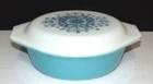 Vintage 1968-69 PYREX  1 1/2 Qt Turquoise Oval Casserole 043 with Blue Dolly Lid