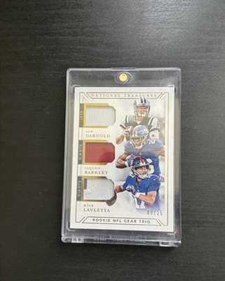 2018 NATIONAL TREASURES ROOKIE GEAR TRIO GTM-20 SAQ BARKLEY DARNOLD LAULETTA /25