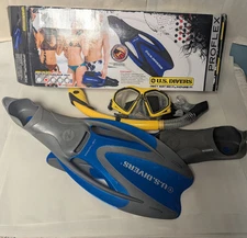 US Divers Proflex Blue Swim Flippers Adult Size Medium 6.5 - 8  W/ Box & Extras
