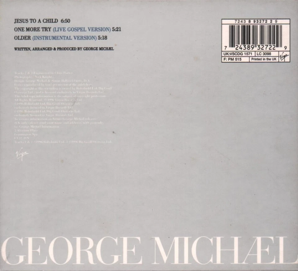 George Michael Jesus To A Child CD UK Virgin 1996 Digi Pack B/W One More Try - Bild 2 von 2