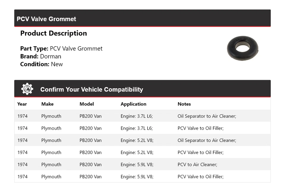 Ojal de válvula PCV para furgoneta Dorman 1974 Plymouth PB200 Foto 2 de 4