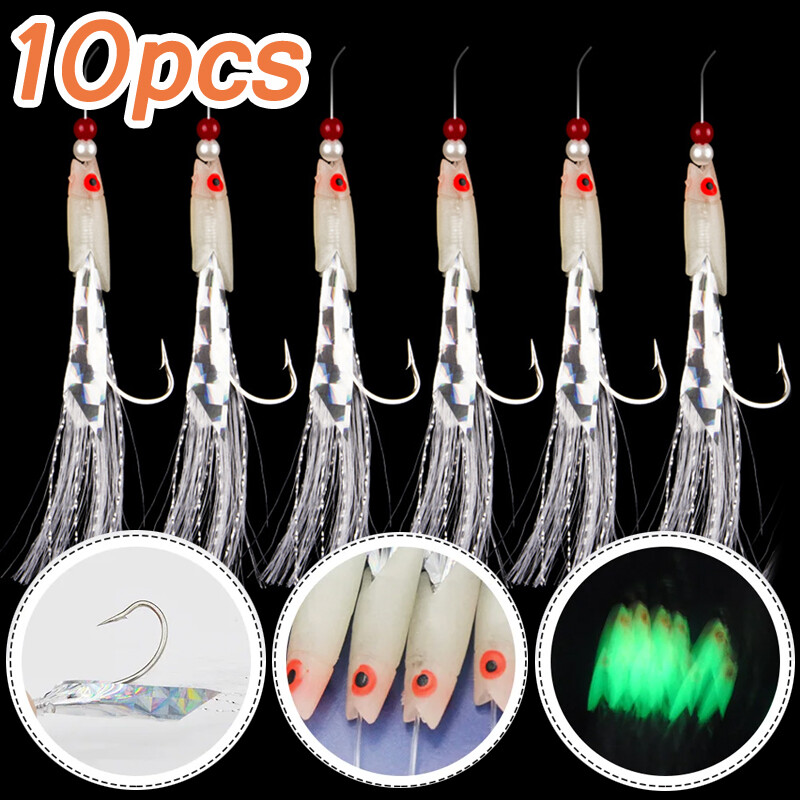 10PCS Luminous Bait Feathers Lures Mackerel Bass Cod Sea Fishing Rig Tackle  Boat