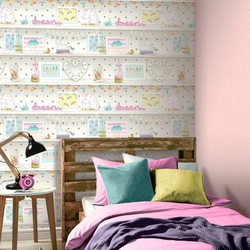 Girls Life Shelf Bedroom Wallpaper with Glitter Effect & Matching Accessories - 第 3/11 張圖片