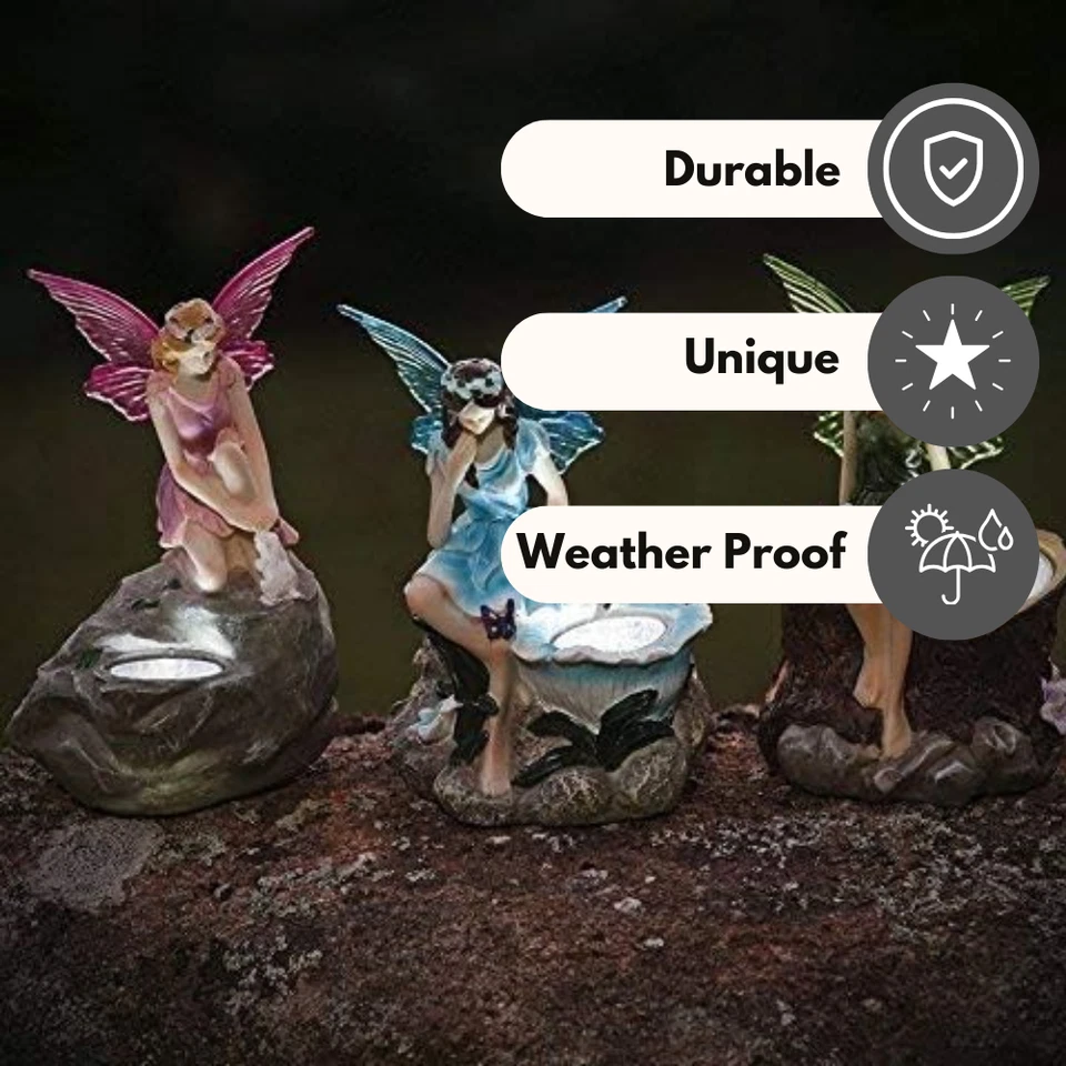 Solar LED Garden Ornaments Fairy 3pc Set Nymph Statues Light Up Angels 14cm - Image 4 of 4