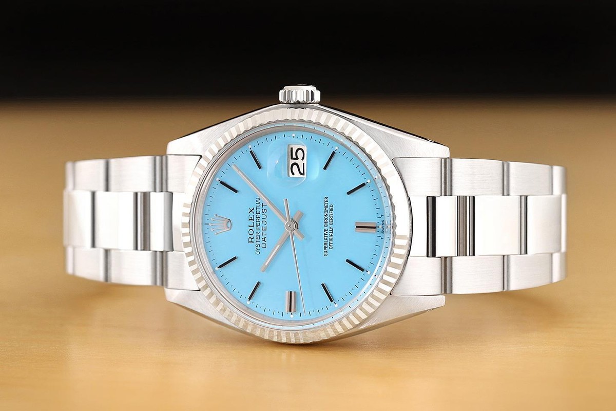 ROLEX DATEJUST Ref.1601 WGフルーテッドベゼル ROLEX MENS DATEJUST 1601 18K WHITE GOLD STAINLESS STEEL AQUA BLUE