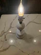 Vintage White Milk Glass Hobnail Vanity Boudoir Night Table Lamp Brass Bedside
