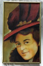 VERY WELL DONE VINTAGE ORIGINAL OIL PAINTING OF A LADY WITH A RED HAT