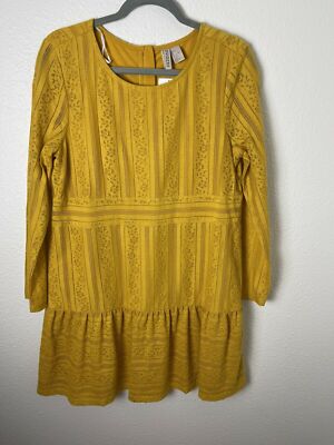 H&M Divided Yellow Crochet Lace Long Sleeve Mini Midi Dress Top Size 12 Boho