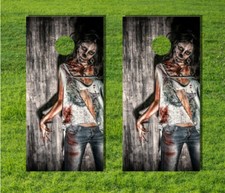 Wood Sexy Woman Walking Zombie Cornhole Board Game Decal Wraps Bag Laminated USA