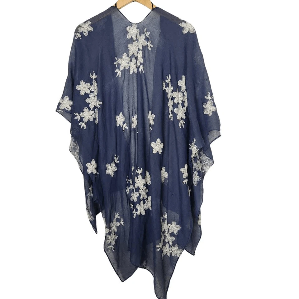 Beautiful blue white floral embroidered wrap cardigan shawl linen - Image 3 of 4