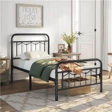 Twin/Full/Queen Metal Bed Frame with Vintage Headboard and Footboard Black